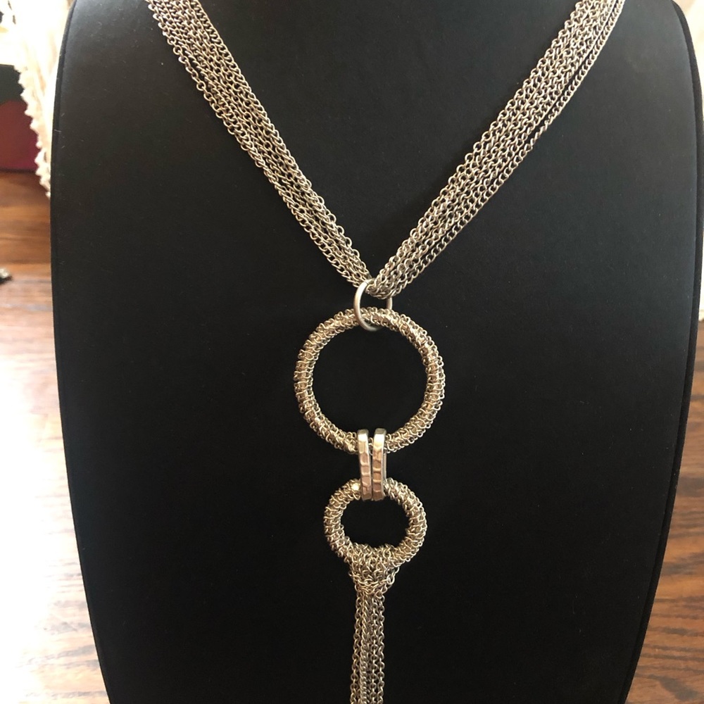 Necklace brushed silver tone multi strand with drop pendant